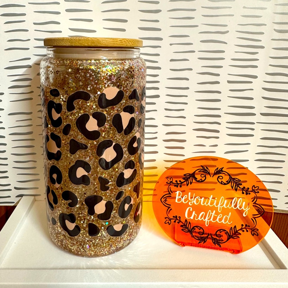 16oz Glitter Globe Leopard Print Glass Can Tumbler